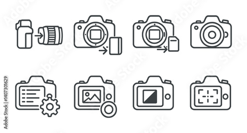 outline vector icons of camera setup steps: mount lens, insert battery, format card, turn on, adjust settings, test shot, white balance, focus check. No text. The icons should be clean. isolated