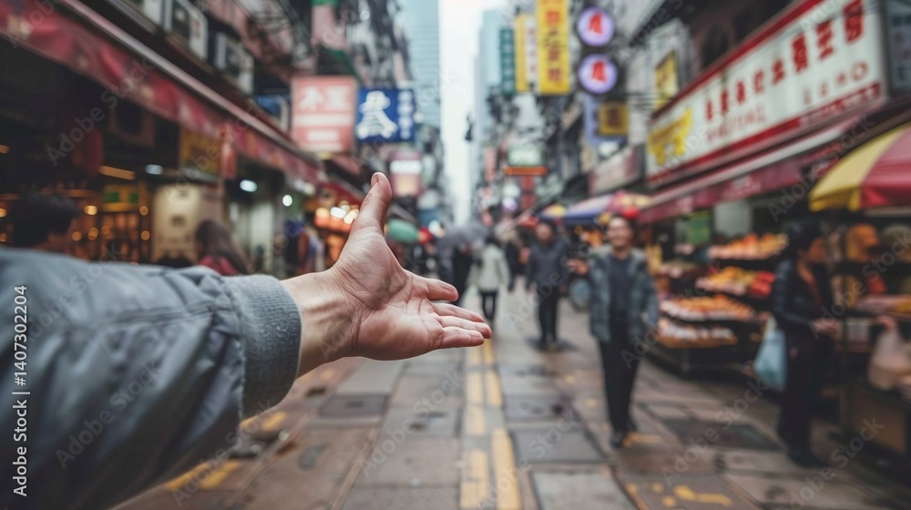 Obraz premium Person gesturing in a bustling urban street market filled with colorful signs and shoppers