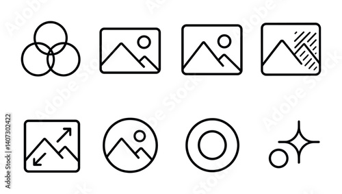 outline vector icons of content creation: camera, upload, add post, write caption, location tag, edit image, crop, filters. No text. The icons should be clean. isolated transparent background. Line