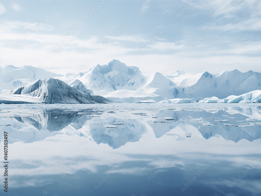 Obraz premium Vast snowy mountains with a glacier reflect white crevasses highlighting deep natural beauty