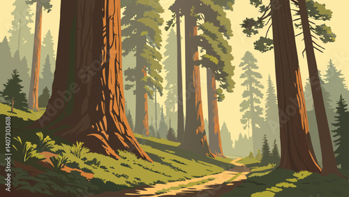 Redwood forest with sunlight streaming through trees – California, USA
