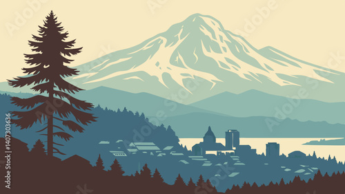 Stylized view of Mount Rainier from Tacoma – Washington, USA
