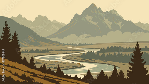 Abstract river valley with mist in Grand Teton – Wyoming, USA
