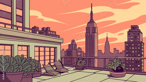 Urban rooftop scene with sunset over Manhattan – New York, USA
