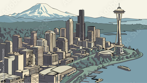 Aerial view of Seattle with Mount Rainier in the background – Washington, USA
