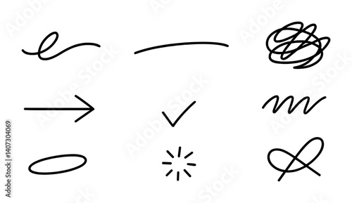 outline vector icons of handwritten elements: cursive word, underline flat isometric style, quick sketch, margin scribble, arrow, correction mark, doodle icon, pen loop. No text. The icons should be