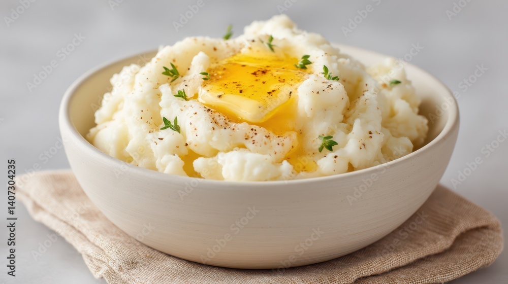A delicious serving of creamy mashed potatoes topped with a pat of butter and sprinkled with herbs, perfect for a comforting meal or festive occasion. A delicious serving of creamy mashed potatoes topped with a pat of butter and sprinkled with herbs, perfect for a comforting meal or festive occasion.