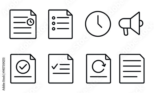 outline vector icons of meeting notes: meeting agenda, bullet list, time stamp, speaker icon, decision highlight, action item, follow-up task, summary note. No text. The icons should be clean.
