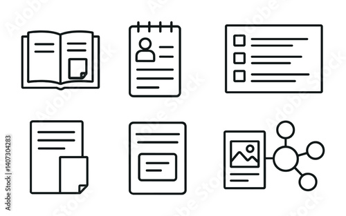 outline vector icons of educational notes: textbook note, lecture note, revision list, formula sheet, class summary, study card, annotated image, concept map. No text. The icons should be clean.