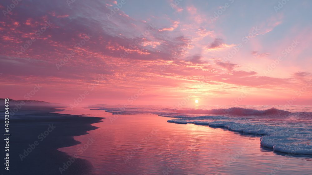 Naklejka premium A scenic view of the ocean waves at sunset with a pink and purple sky reflecting in the water