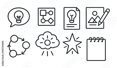 outline vector icons of creative notes: idea bubble, concept sketch, lightbulb note, project draft, creative flow, brainstorm cloud, inspiration star, sketchpad. No text. The icons should be clean.