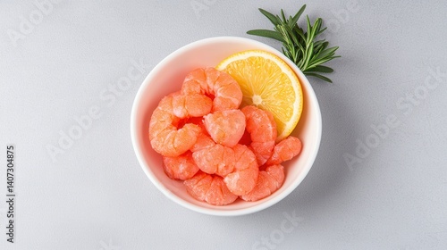 A fresh bowl of succulent shrimp paired with a slice of orange and a sprig of herbs. A vibrant dish that captures the essence of healthy eating and culinary delight.