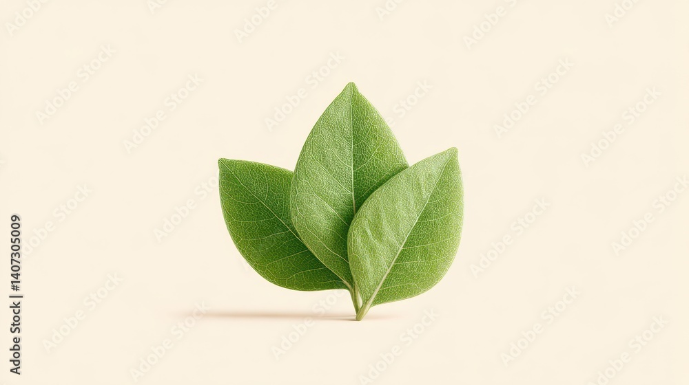 Obraz premium A fresh cluster of green leaves against a soft beige background, symbolizing nature and vitality. Perfect for eco-friendly and wellness themes.