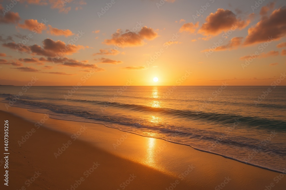 Warm glowing sunset over calm ocean waves and sandy beach Warm glowing sunset over calm ocean waves and sandy beach