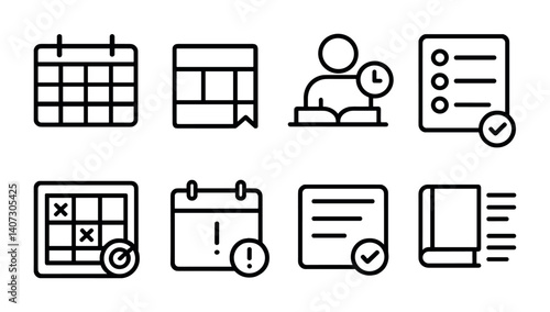 outline vector icons of study planning: semester calendar, study block, revision session, priority list, topic tracker, deadline tracker, test note, reading list. No text. The icons should be clean.