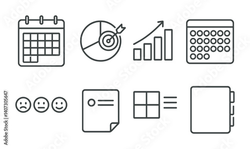 outline vector icons of visual planning notes: monthly board, goal chart, bar progress, habit tracker, mood scale, milestone note, color-coded grid, section tabs. No text. The icons should be clean.