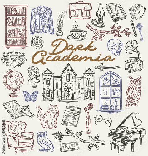 Hand Drawn collection of Dark Academia whimsical aesthetic illustrations, vector set
