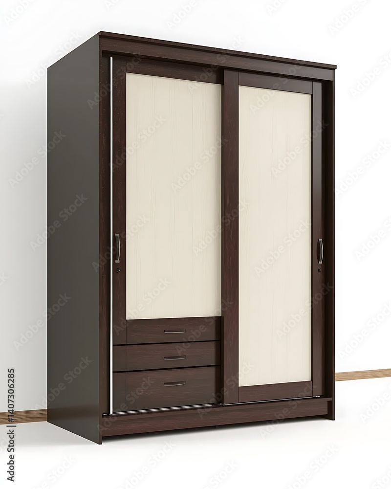 A brown dresser with white drawers and a white door A brown dresser with white drawers and a white door