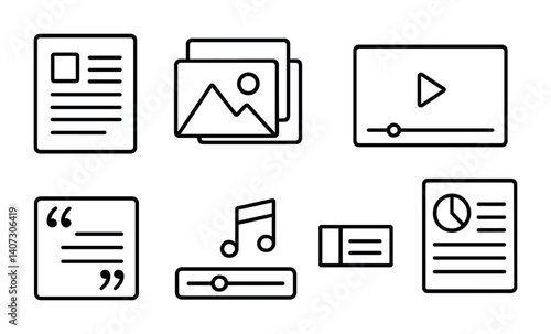 outline vector icons of website structure: homepage, header, footer, sidebar, navigation bar, content block, call-to-action, hero section. No text. The icons should be clean. isolated transparent