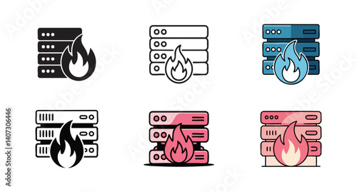 set of server icon with flame symbol Representing Firewall Protection