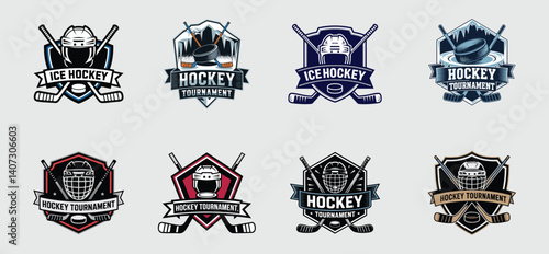 set of Hockey tournament Logo with Sticks, Pucks, helmet and Championship Themes