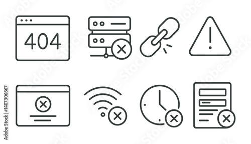 outline vector icons of website errors: 404 page, server error, broken link, warning triangle, error popup, connection lost, timeout icon, form error. No text. The icons should be clean. isolated