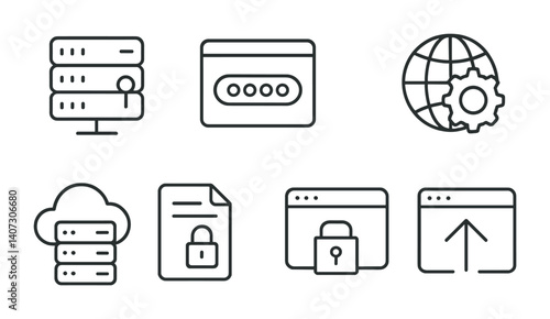 outline vector icons of hosting and domain: server icon, domain name, IP address, DNS settings, cloud hosting, SSL certificate, web panel, file upload. No text. The icons should be clean. isolated
