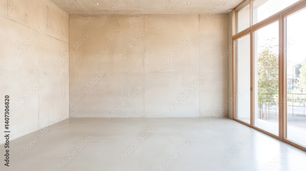 Obraz premium A minimalistic interior featuring a spacious empty room with concrete walls and large glass windows allowing natural light, ideal for modern design projects or architectural showca