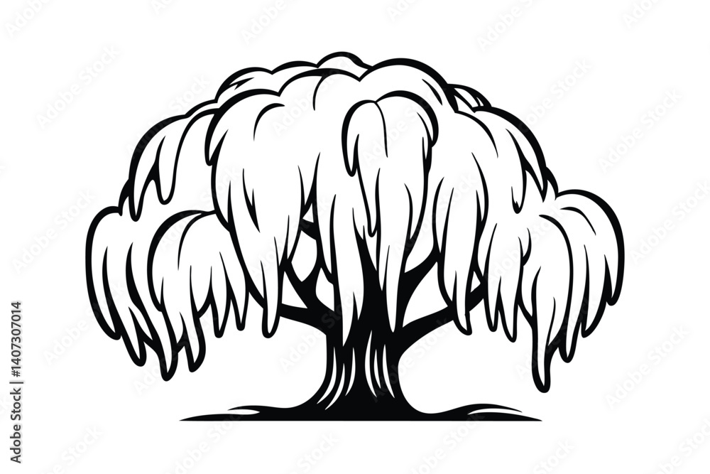 Obraz premium Weeping Willow Tree Silhouette Illustration In Black And White Artistic Nature Design Element For Creative Projects