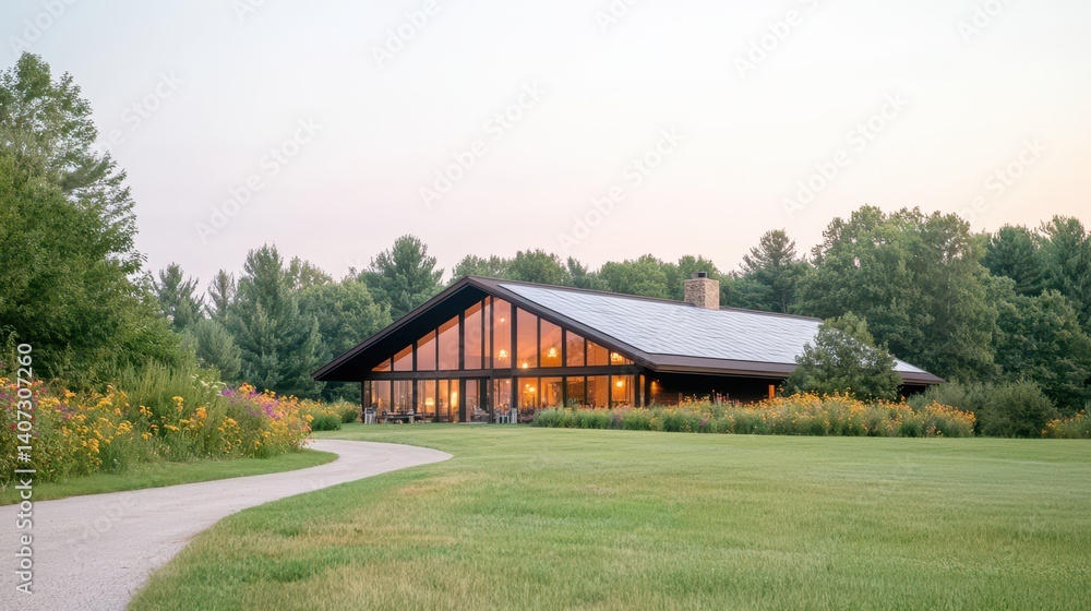 A modern cabin nestled in a serene landscape, surrounded by lush greenery and a winding path. The warm lights from the windows invite tranquility and peaceful living. A modern cabin nestled in a serene landscape, surrounded by lush greenery and a winding path. The warm lights from the windows invite tranquility and peaceful living.