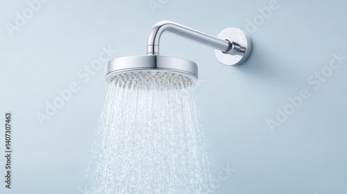 A modern shower head dispensing a refreshing cascade of water against a soft blue background, symbolizing relaxation and well-being in a contemporary bathroom setting.