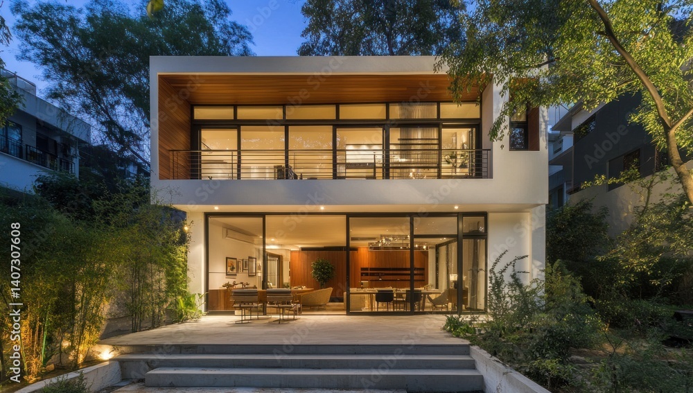 Obraz premium Modern Two-Story House with Large Windows and Patio at Dusk