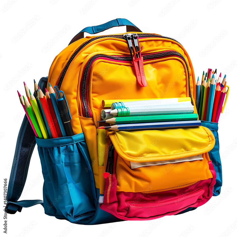 School Ready: A vibrant backpack overflowing with colorful pencils, ready for a day of learning and creativity, symbolizing education and the tools of a child's journey. School Ready: A vibrant backpack overflowing with colorful pencils, ready for a day of learning and creativity, symbolizing education and the tools of a child's journey.
