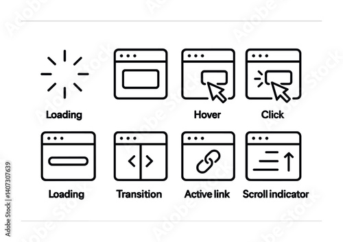 outline vector icons of website structure: homepage, header, footer, sidebar, navigation bar, content block, call-to-action, hero section. No text. The icons should be clean. isolated transparent