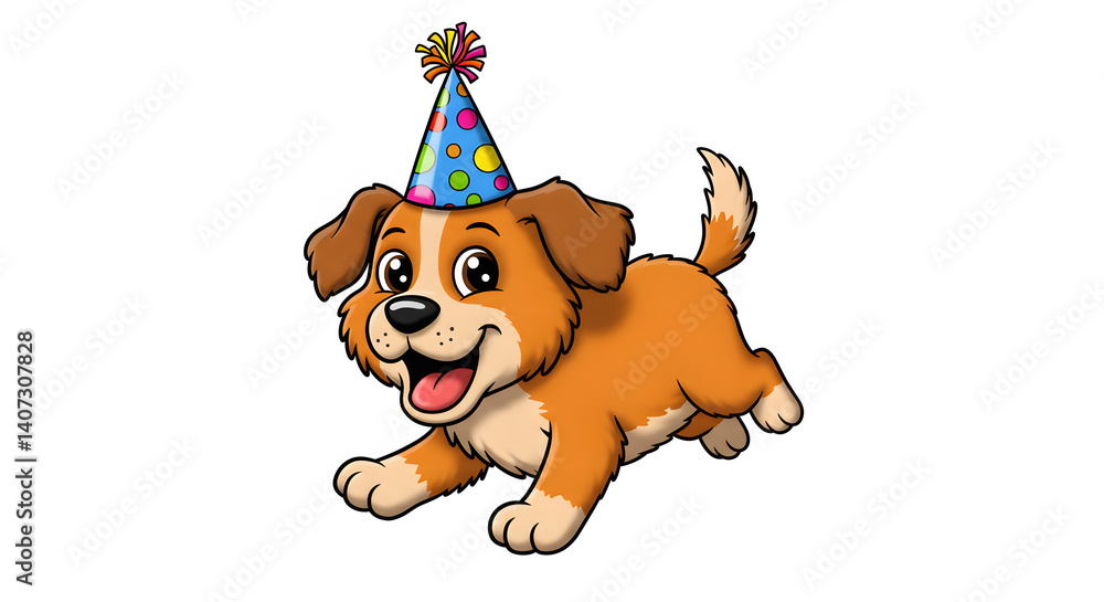 Fototapeta premium Celebration pup: a joyful puppy wearing a colorful birthday hat, exuding cuteness and ready to spread cheer.