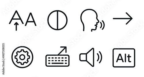 outline vector icons of accessibility tools: font size toggle, contrast mode, screen reader icon, skip link, accessibility settings, keyboard nav, text-to-speech, alt text. No text. The icons should