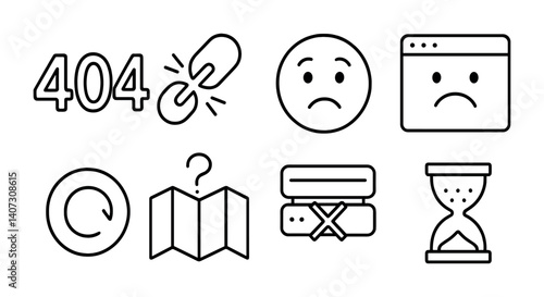 outline vector icons of website errors: 404 page, server error, broken link, warning triangle, error popup, connection lost, timeout icon, form error. No text. The icons should be clean. isolated