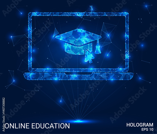 Online education hologram. Online education is made of polygons, triangles, dots, and lines. Online education is a low-poly compound structure. Technology concept vector.