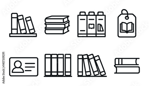 outline vector icons of book organization: bookshelf, stack of books, categorized shelf, genre tag, author label, spine alignment, vertical stack, horizontal stack. No text. The icons should be clean