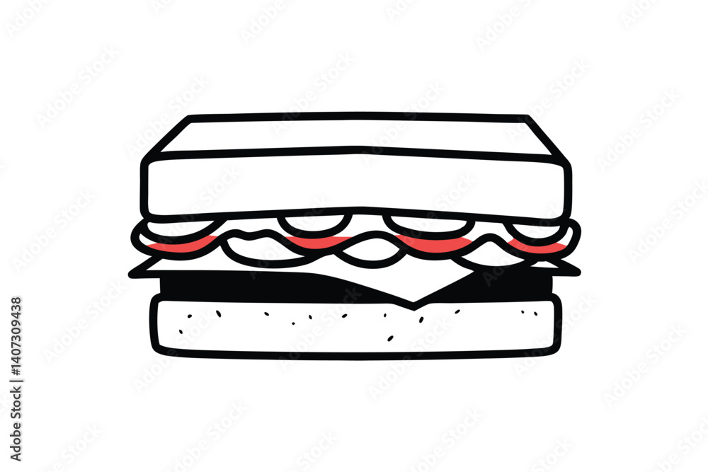 Isolated Line Art Sandwich Vector Illustration With Cheese And Tomato On White Background For Food Designs Isolated Line Art Sandwich Vector Illustration With Cheese And Tomato On White Background For Food Designs