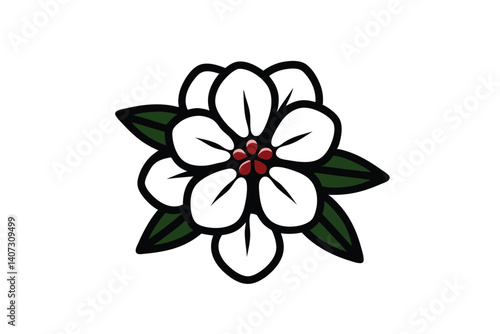 Simple Tattoo Style White Flower Illustration With Red Center And Green Leaves Perfect For Design Projects