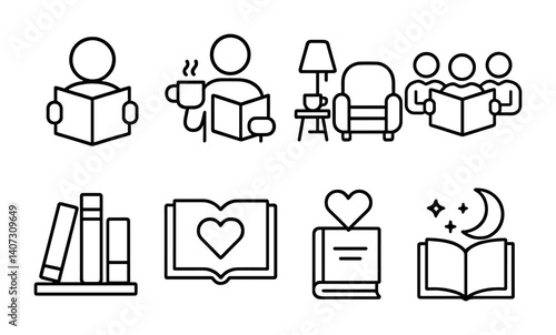 outline vector icons of book lovers: person reading, reading with tea, cozy reading corner, book club, shelfie, favorite book icon, heart over book, night reading. No text. The icons should be clean.