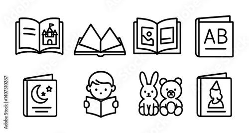 Children's book icons set: linear style with educational and playful themes
