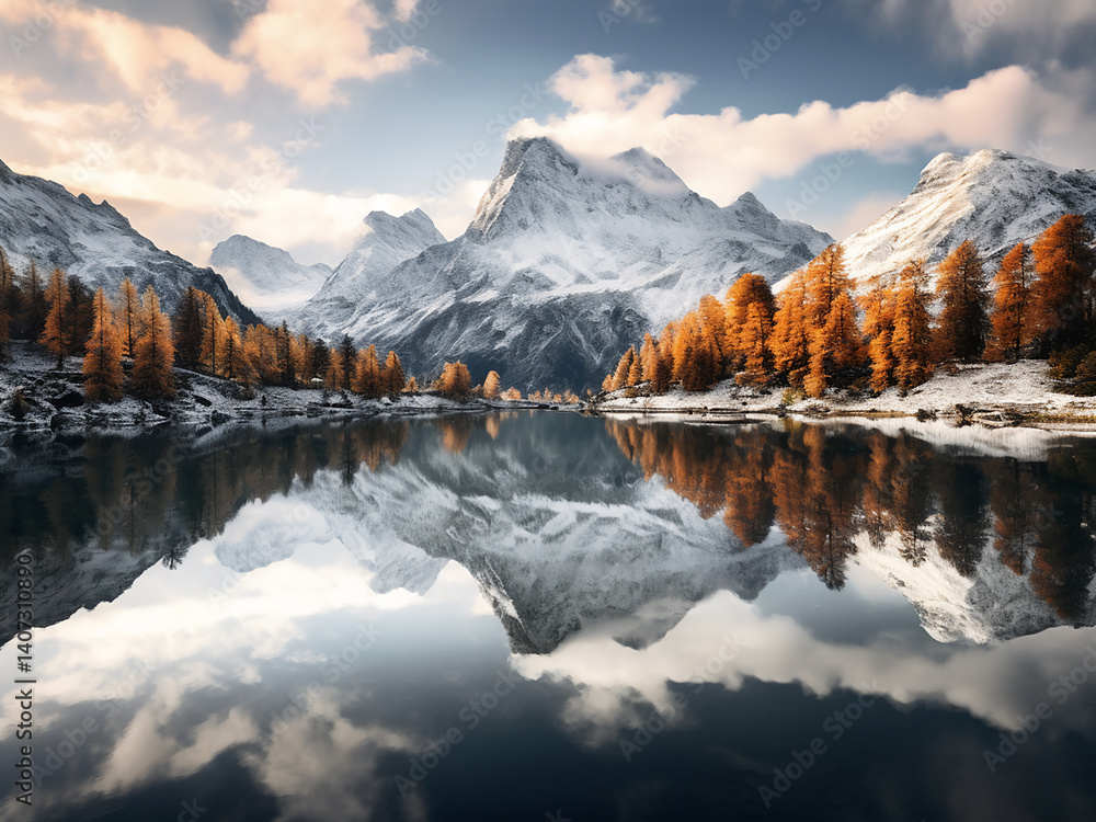 Fototapeta premium The calm surface of a mountain lake reflects the peaks, doubling their beauty at dawn