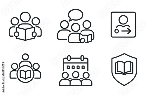 outline vector icons of book lovers: person reading, reading with tea, cozy reading corner, book club, shelfie, favorite book icon, heart over book, night reading. No text. The icons should be clean.
