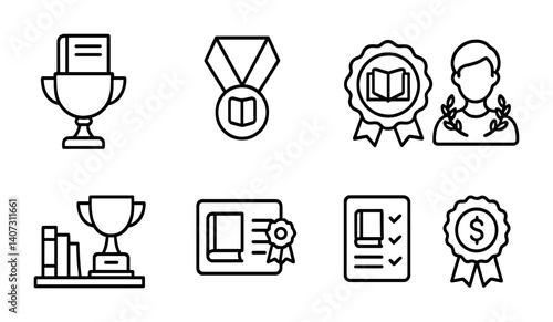 outline vector icons of literary awards: trophy with book, medal tag, finalist badge, laureate icon, award shelf, nomination card, reading list, prize icon. No text. The icons should be clean.