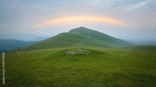 A serene landscape featuring rolling green hills under a soft sky, evoking tranquility and natural beauty. Ideal for projects focused on nature and environmental themes.