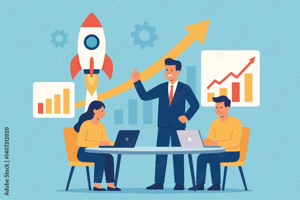 Vector illustration of a team discussing growth and startup business strategy with rocket and charts. Vector illustration of a team discussing growth and startup business strategy with rocket and charts.
