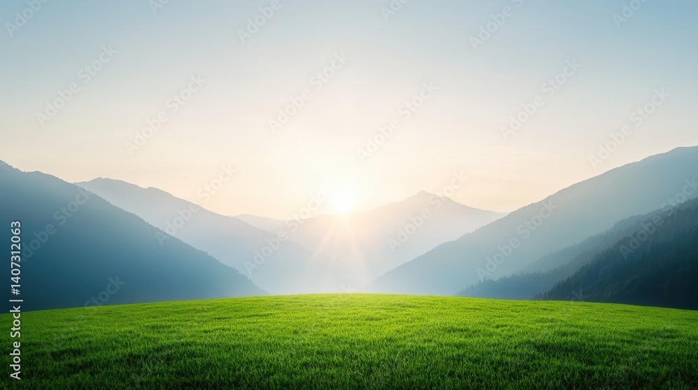 Fototapeta premium A serene landscape showcasing lush green hills and majestic mountains under a soft glow of sunlight. This image captures the essence of nature's beauty and tranquility.