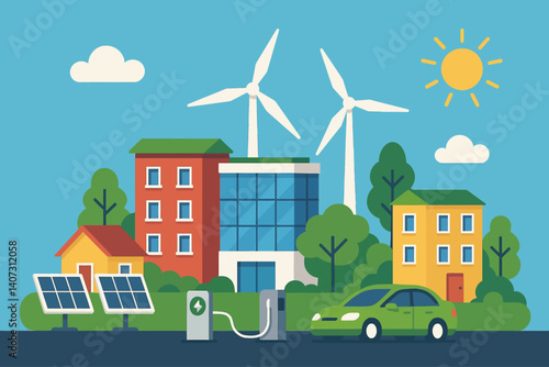 Vector of eco-friendly buildings with wind turbines and solar panels, symbolizing sustainable energy and green city living.
